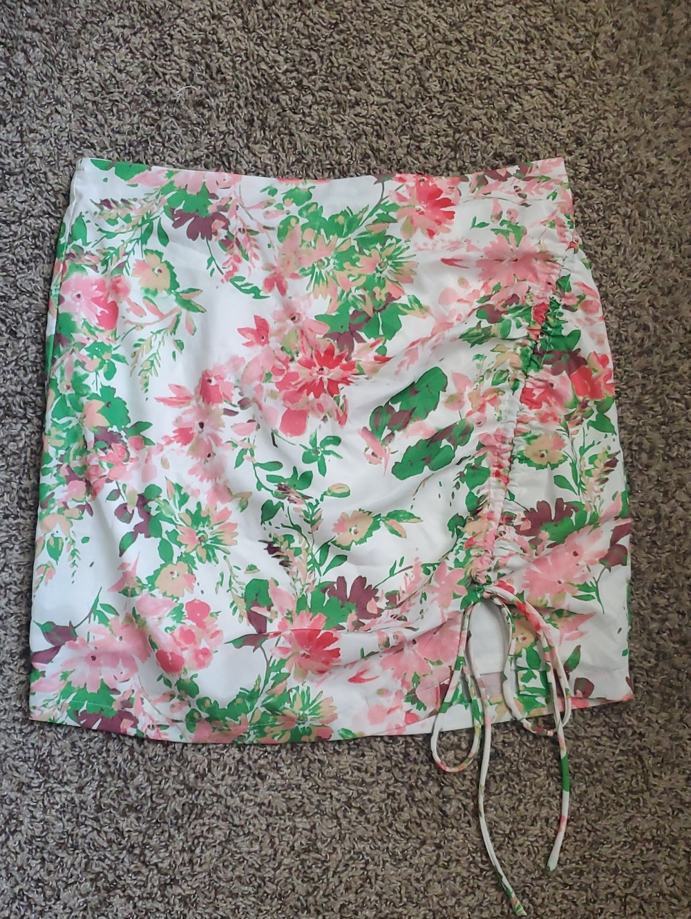 White Floral Mini Skirt with Pink & Green Print